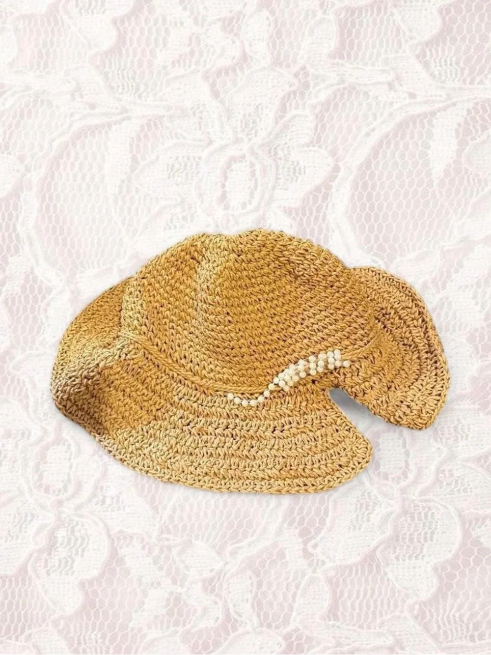 Straw Sun Hat with Bead Accent - Natural Tan